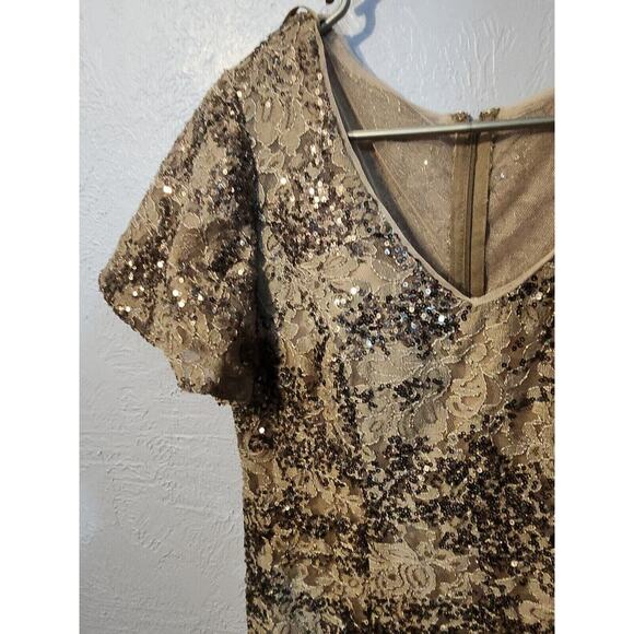 Alex Evenings Long Formal Sequin Dress Short Flutter Sleeve Size 16 Taupe NWT - Picture 3 of 4